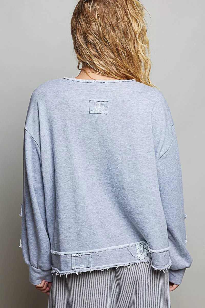 POL Exposed Outseam Crochet Patch V-Neck Sweatshirt with Open Wrap-Style Design - Rooted & Reckless Co.