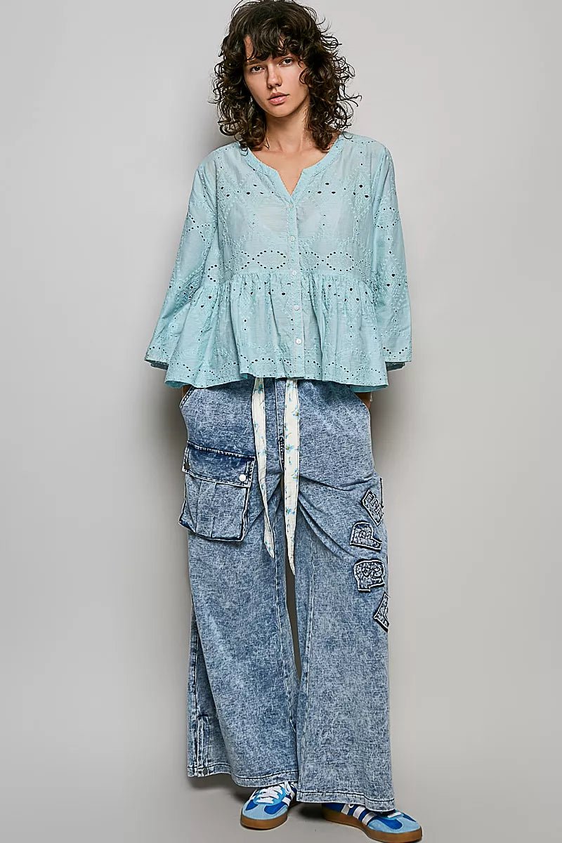 POL Eyelet Embroidery Peplum Button Front Cotton Shirt - Rooted & Reckless Co.