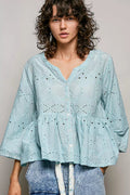 POL Eyelet Embroidery Peplum Button Front Cotton Shirt - Rooted & Reckless Co.