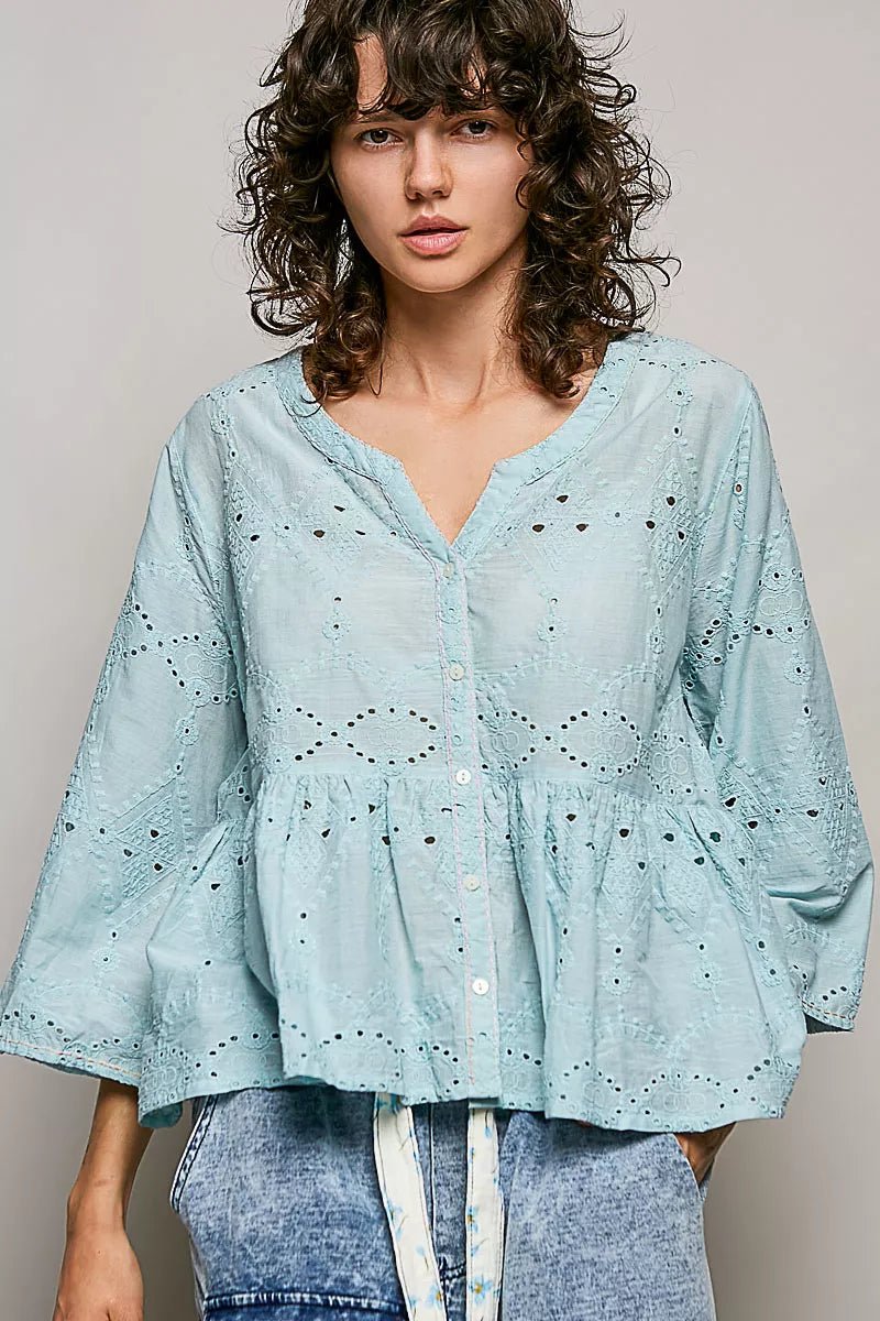 POL Eyelet Embroidery Peplum Button Front Cotton Shirt - Rooted & Reckless Co.