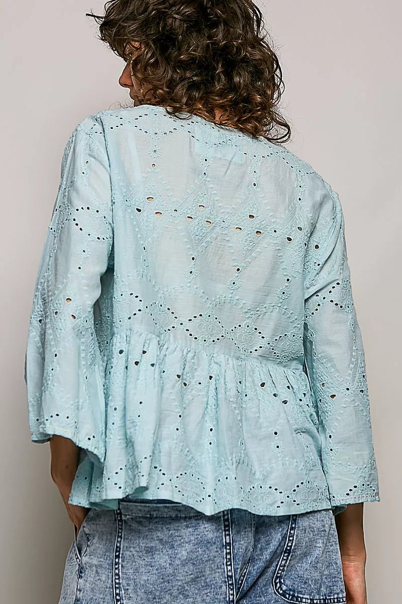 POL Eyelet Embroidery Peplum Button Front Cotton Shirt - Rooted & Reckless Co.