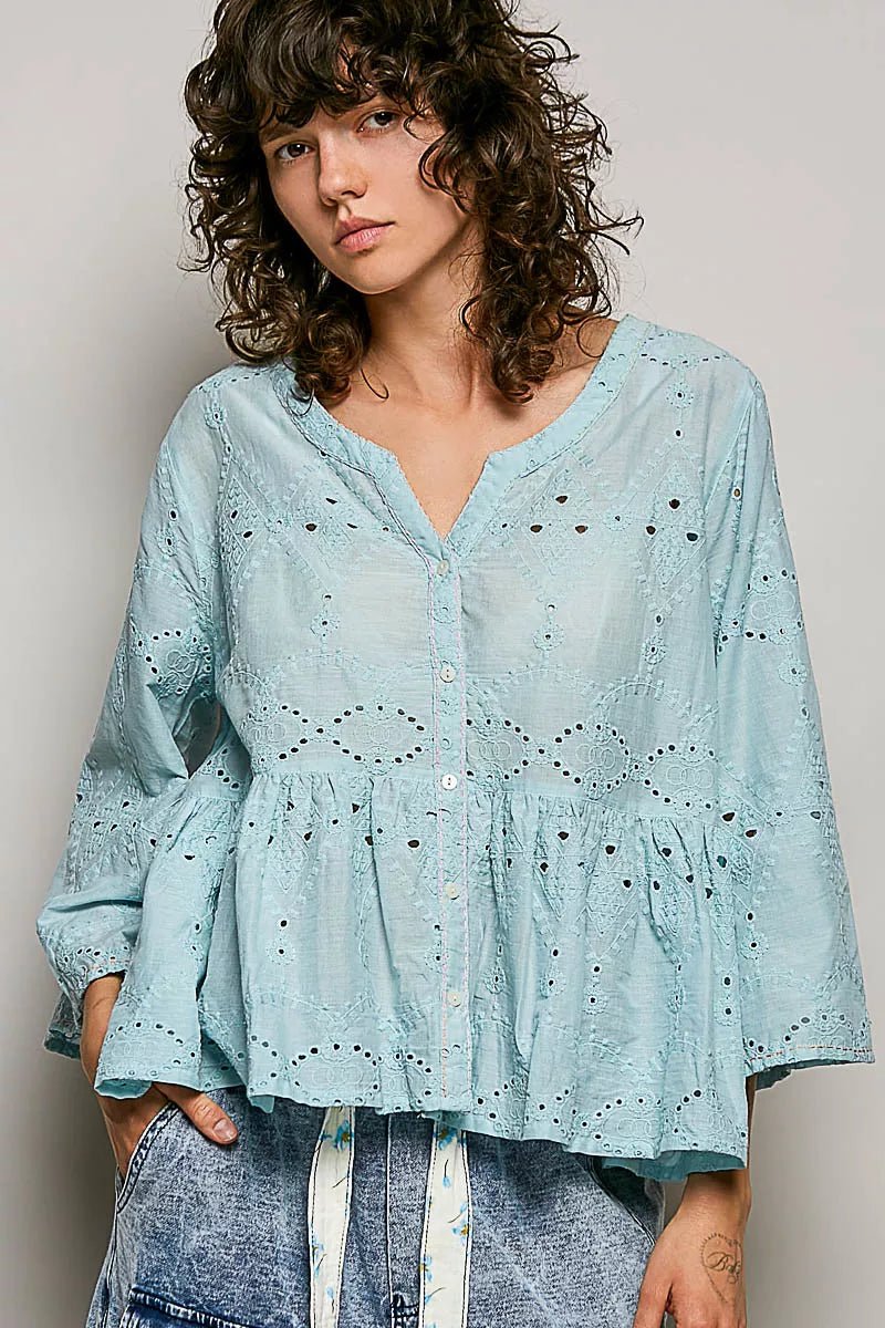 POL Eyelet Embroidery Peplum Button Front Cotton Shirt - Rooted & Reckless Co.