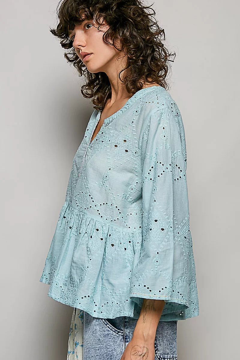 POL Eyelet Embroidery Peplum Button Front Cotton Shirt - Rooted & Reckless Co.