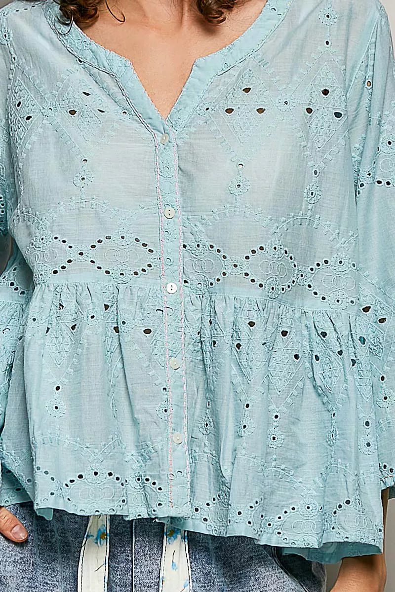 POL Eyelet Embroidery Peplum Button Front Cotton Shirt - Rooted & Reckless Co.