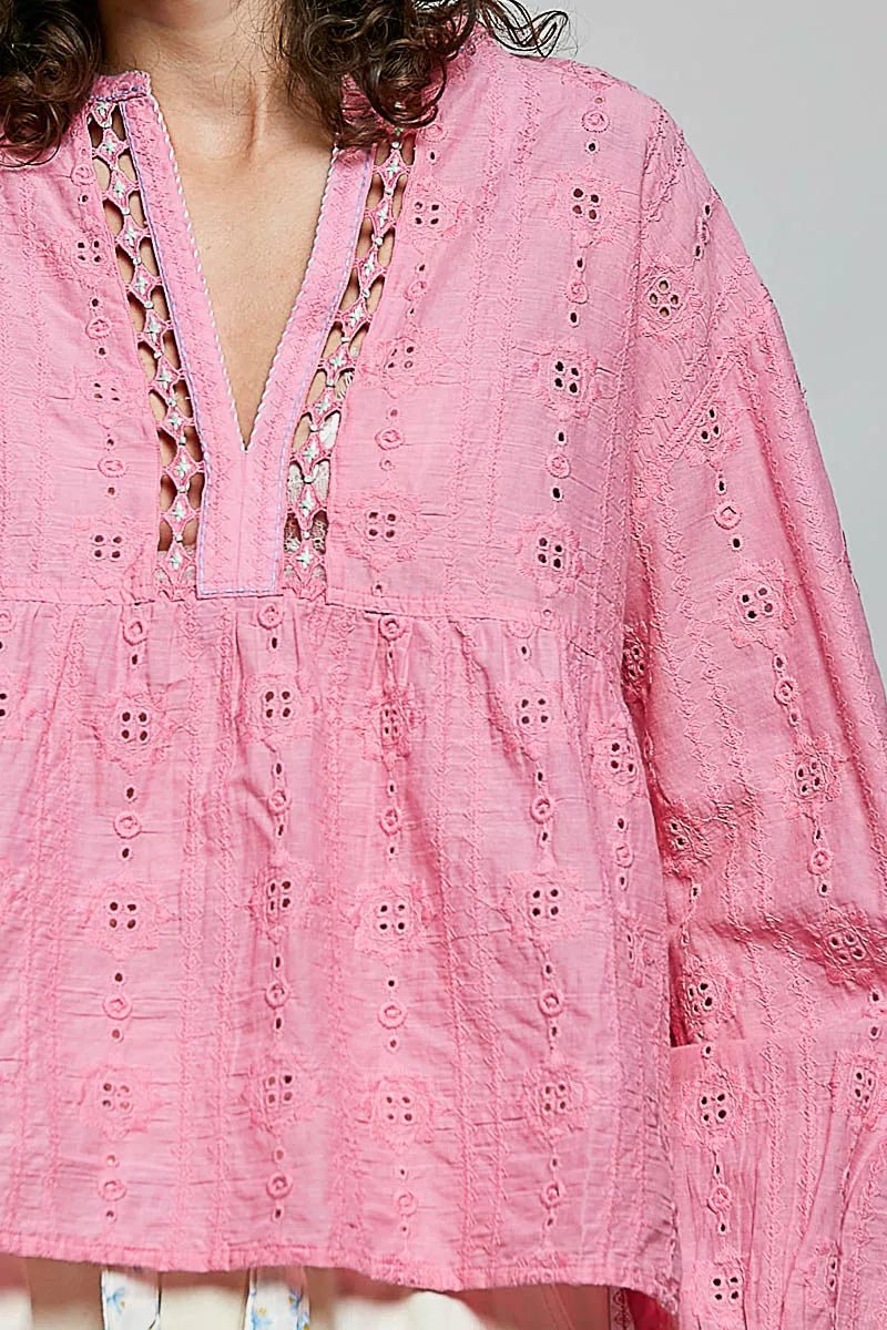 POL Eyelet Lace Split Neck Gathered Empire Waist Cotton Blouse - Rooted & Reckless Co.