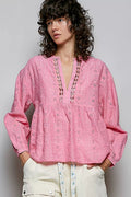 POL Eyelet Lace Split Neck Gathered Empire Waist Cotton Blouse - Rooted & Reckless Co.