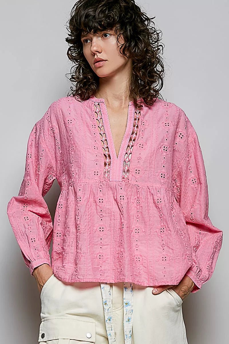 POL Eyelet Lace Split Neck Gathered Empire Waist Cotton Blouse - Rooted & Reckless Co.