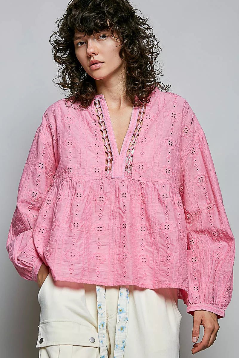 POL Eyelet Lace Split Neck Gathered Empire Waist Cotton Blouse - Rooted & Reckless Co.