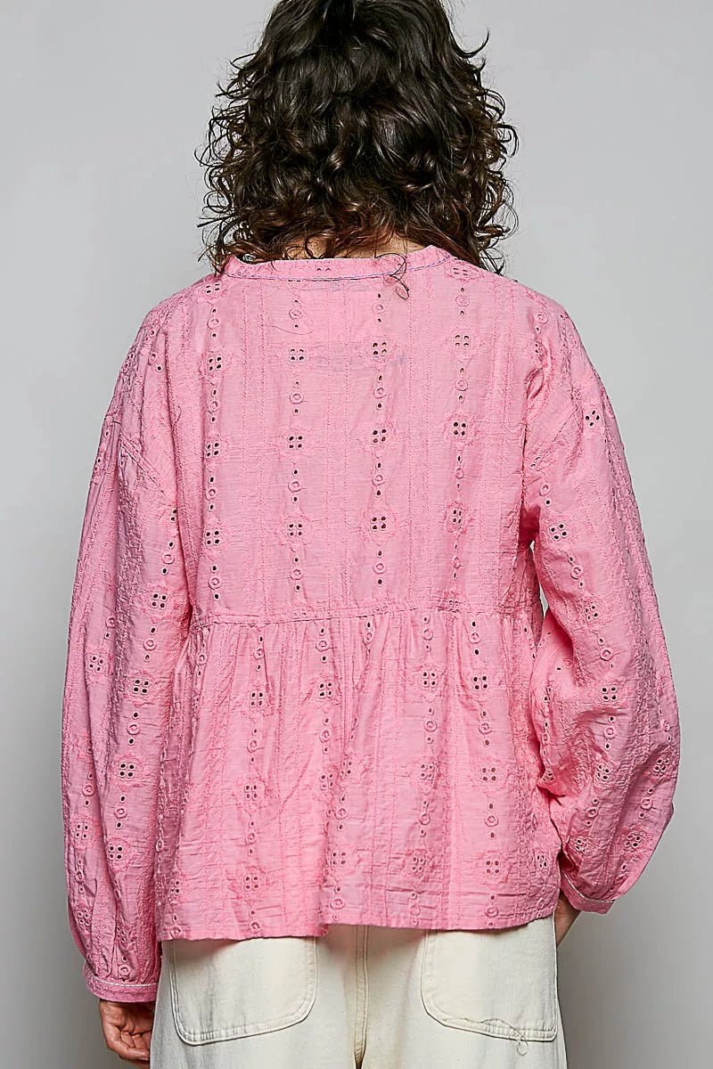 POL Eyelet Lace Split Neck Gathered Empire Waist Cotton Blouse - Rooted & Reckless Co.