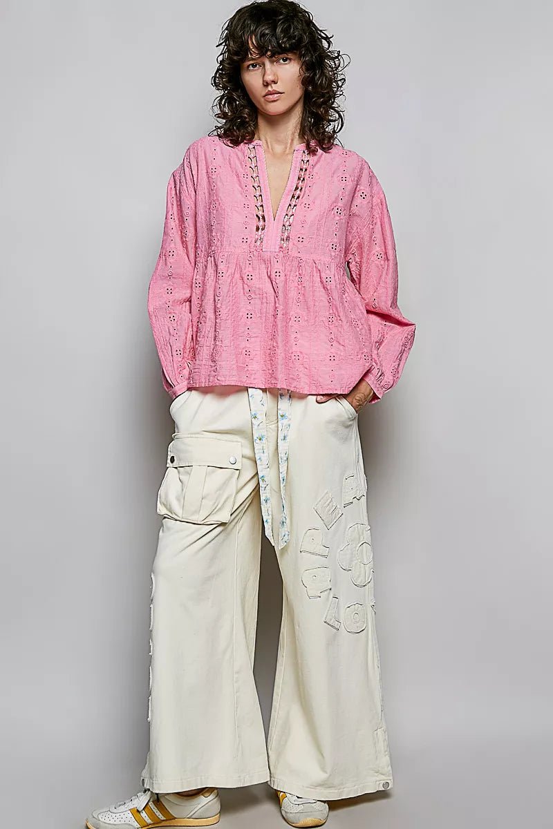 POL Eyelet Lace Split Neck Gathered Empire Waist Cotton Blouse - Rooted & Reckless Co.