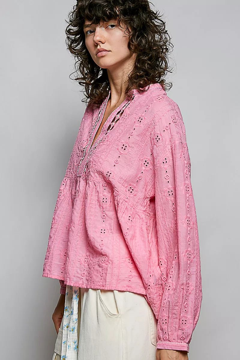 POL Eyelet Lace Split Neck Gathered Empire Waist Cotton Blouse - Rooted & Reckless Co.