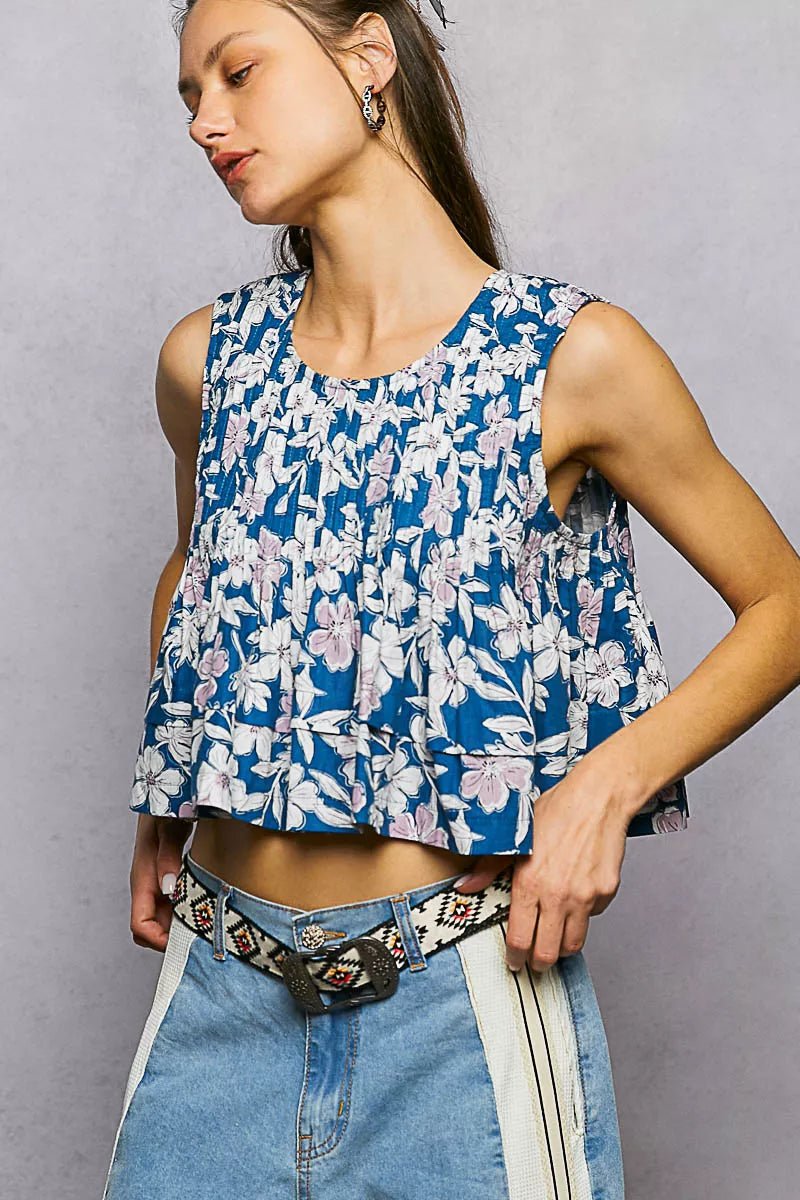 POL Floral Round Neck Cropped Pintuck Tank - Rooted & Reckless Co.