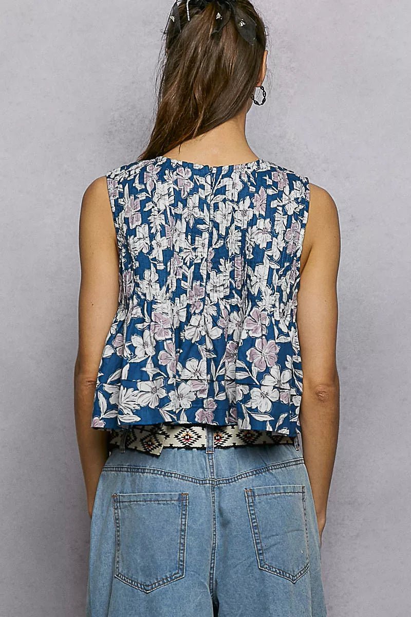 POL Floral Round Neck Cropped Pintuck Tank - Rooted & Reckless Co.