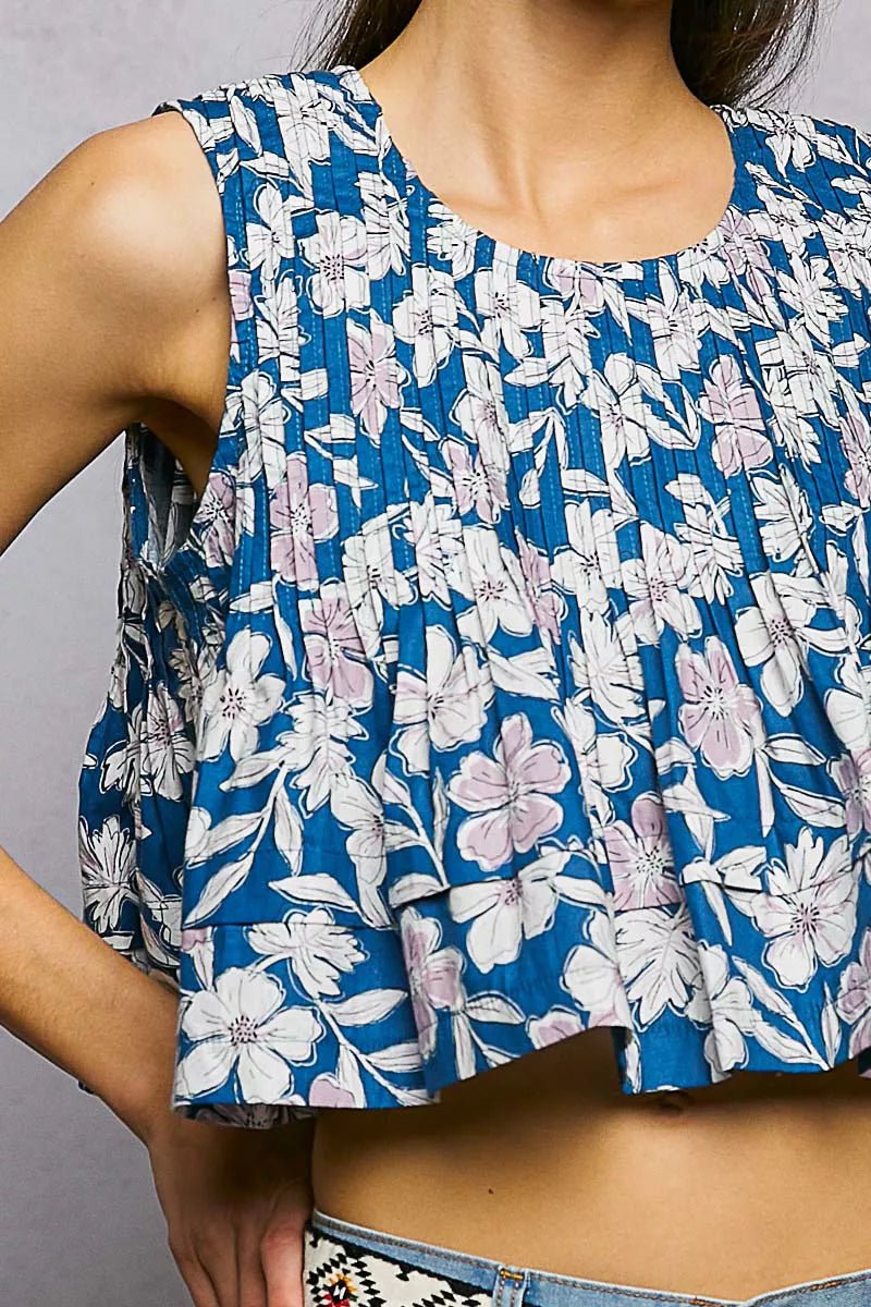POL Floral Round Neck Cropped Pintuck Tank - Rooted & Reckless Co.