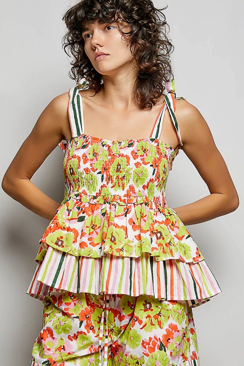 POL Floral Smocked Ruffled Cami with Tie Shoulder Straps - Rooted & Reckless Co.