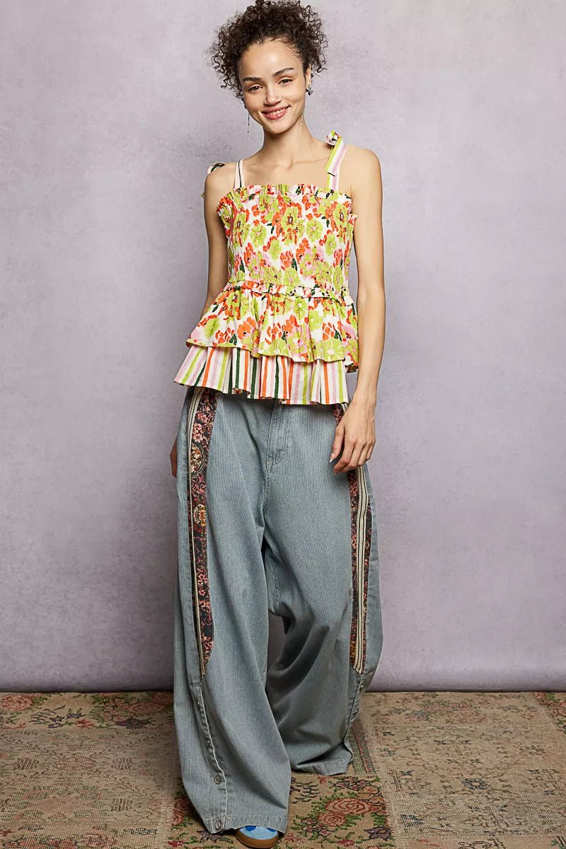 POL Floral Smocked Ruffled Cami with Tie Shoulder Straps - Rooted & Reckless Co.