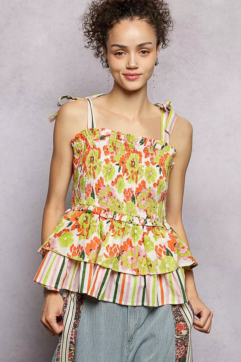POL Floral Smocked Ruffled Cami with Tie Shoulder Straps - Rooted & Reckless Co.