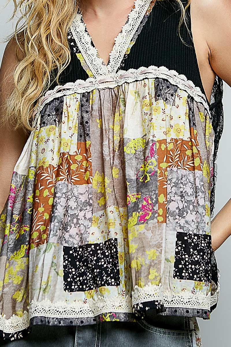 POL Floral V-Neck Sheer Tank with Lace Trim - Rooted & Reckless Co.