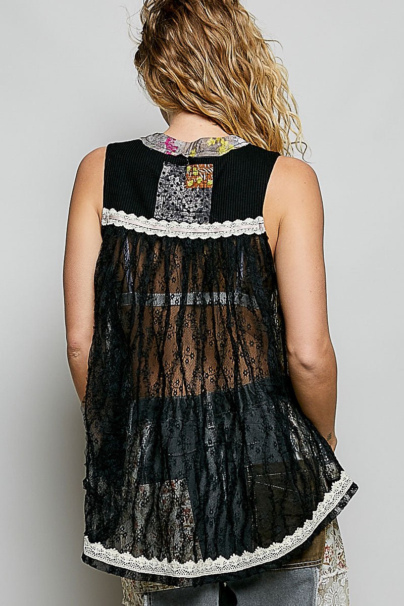 POL Floral V-Neck Sheer Tank with Lace Trim - Rooted & Reckless Co.
