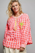 POL Gingham Embroidered Palm Tree Blouse - Rooted & Reckless Co.