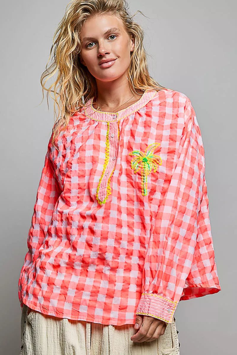 POL Gingham Embroidered Palm Tree Blouse - Rooted & Reckless Co.