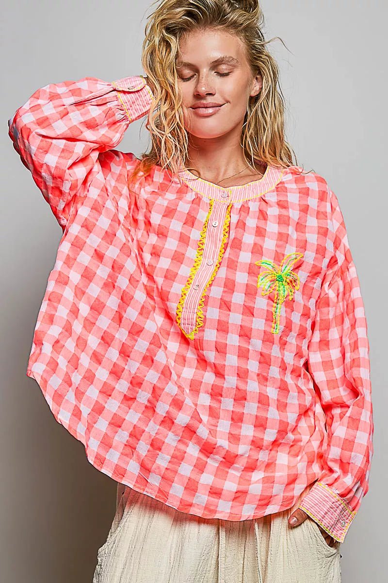POL Gingham Embroidered Palm Tree Blouse - Rooted & Reckless Co.