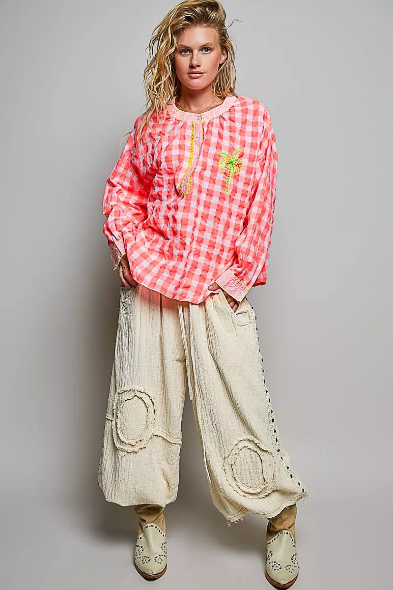 POL Gingham Embroidered Palm Tree Blouse - Rooted & Reckless Co.