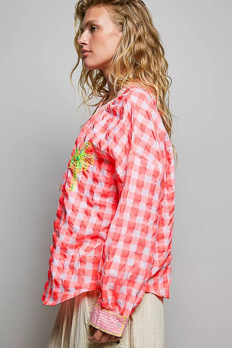 POL Gingham Embroidered Palm Tree Blouse - Rooted & Reckless Co.