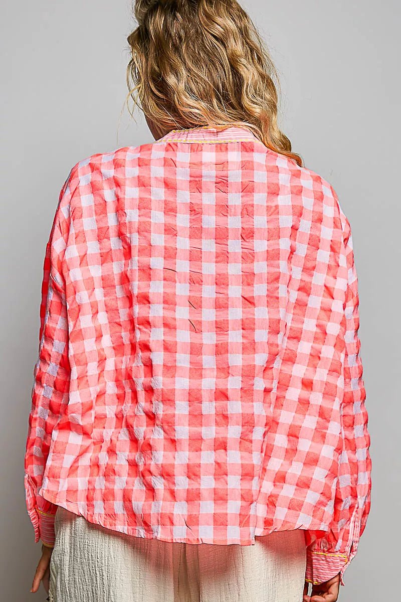 POL Gingham Embroidered Palm Tree Blouse - Rooted & Reckless Co.