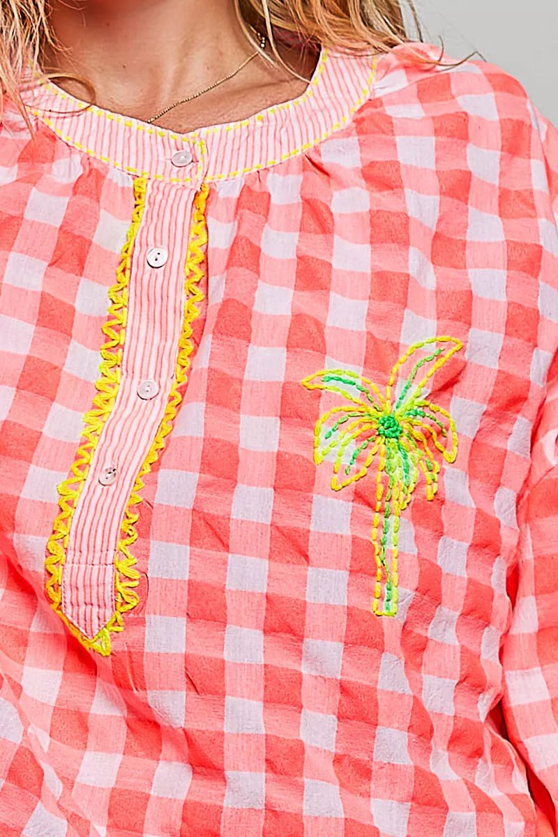 POL Gingham Embroidered Palm Tree Blouse - Rooted & Reckless Co.