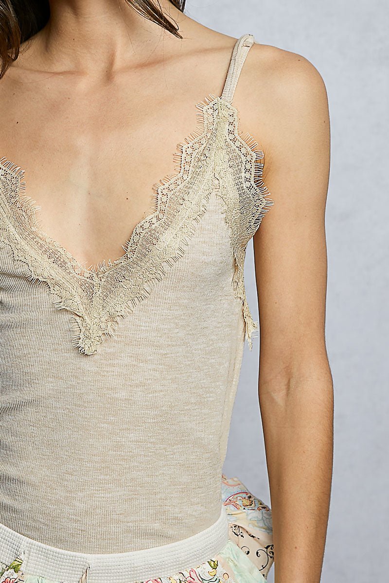 POL Lace Detail V-Neck Ribbed Cami - Rooted & Reckless Co.