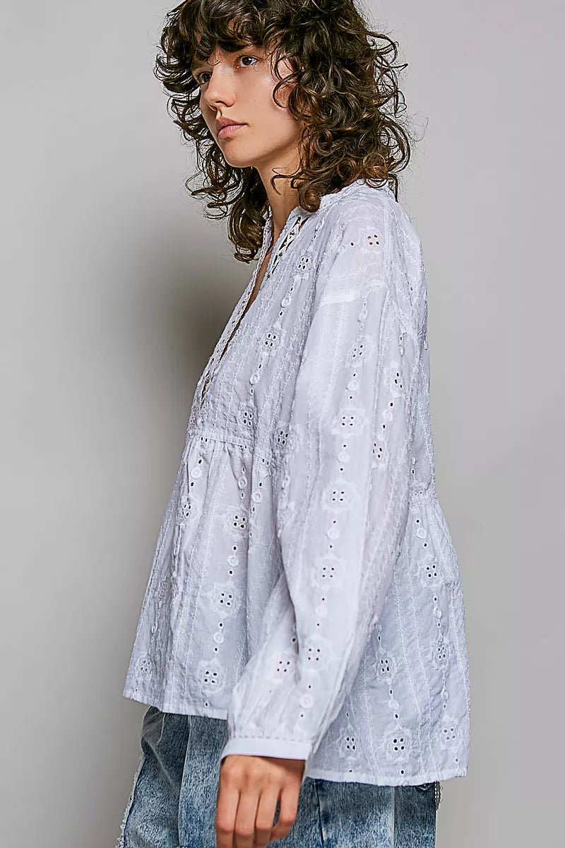 POL Lace Eyelet Long Sleeve Cotton Blouse - Rooted & Reckless Co.