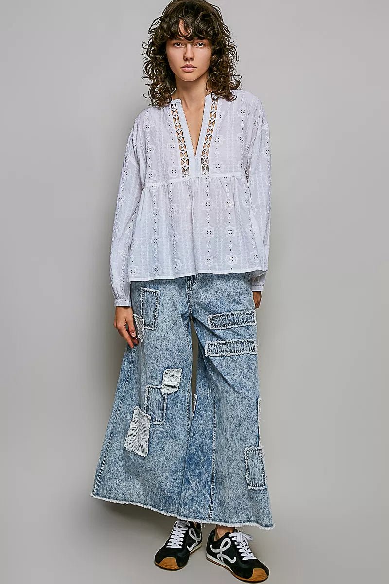 POL Lace Eyelet Long Sleeve Cotton Blouse - Rooted & Reckless Co.