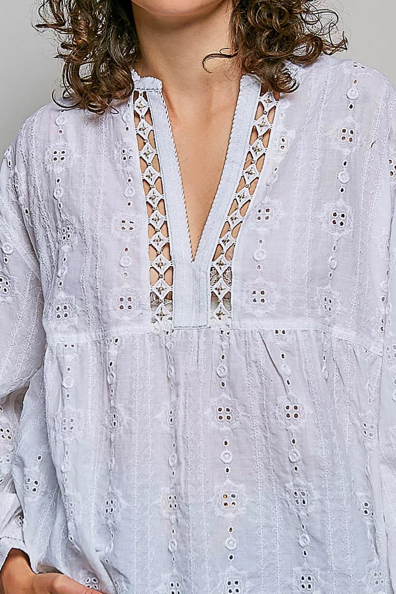 POL Lace Eyelet Long Sleeve Cotton Blouse - Rooted & Reckless Co.