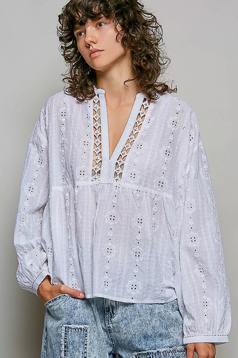 POL Lace Eyelet Long Sleeve Cotton Blouse - Rooted & Reckless Co.