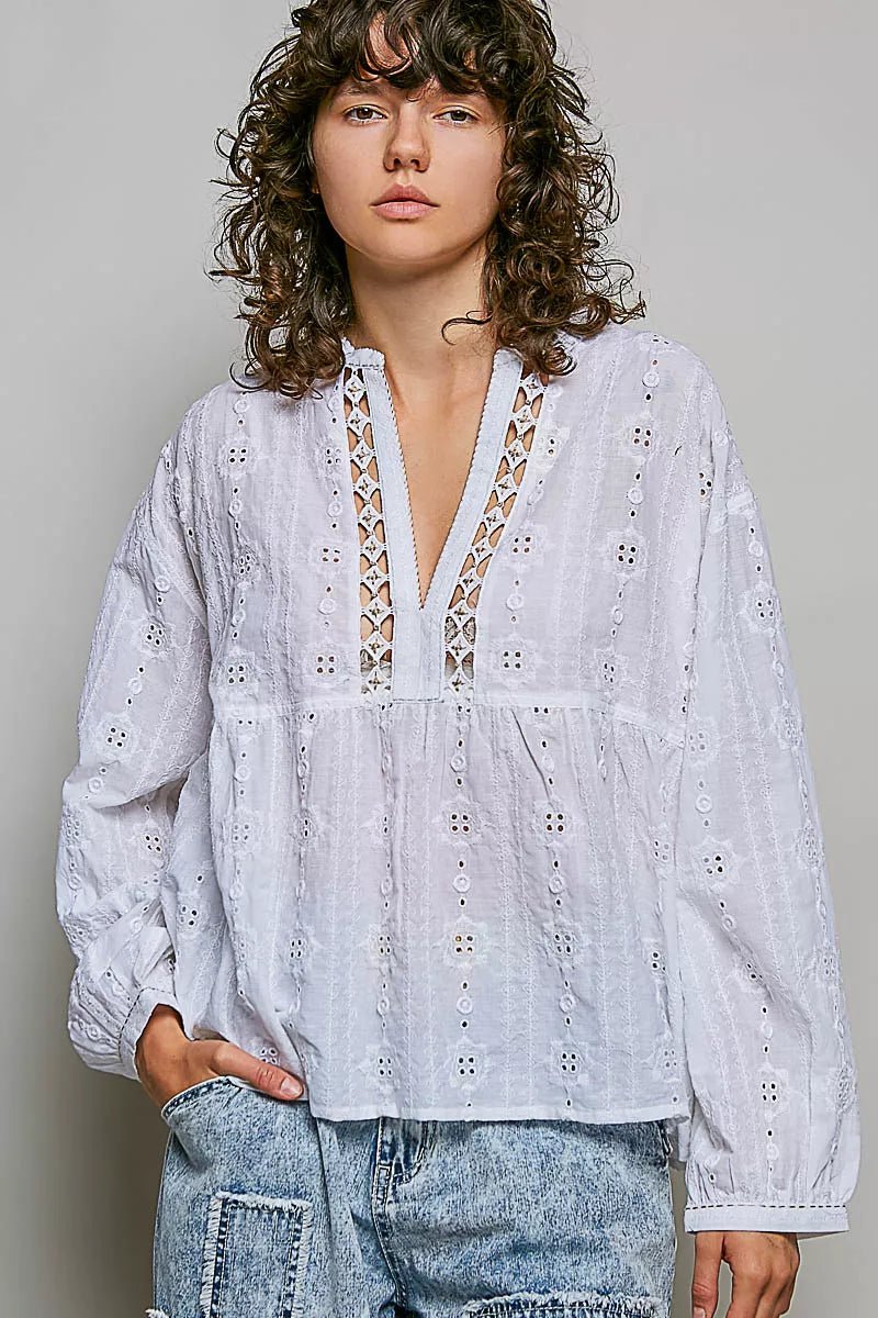 POL Lace Eyelet Long Sleeve Cotton Blouse - Rooted & Reckless Co.