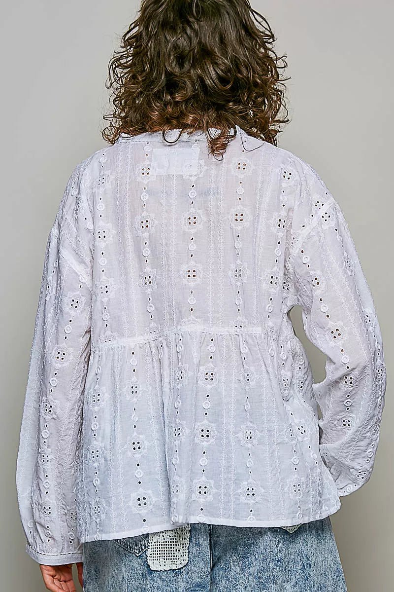 POL Lace Eyelet Long Sleeve Cotton Blouse - Rooted & Reckless Co.