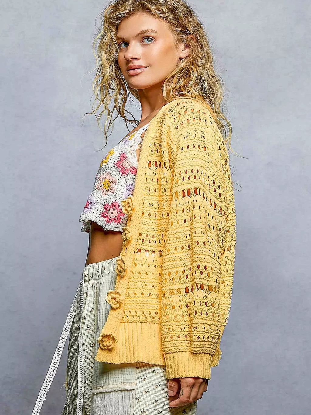 POL Open-Knit Floral Button Cardigan - Rooted & Reckless Co.