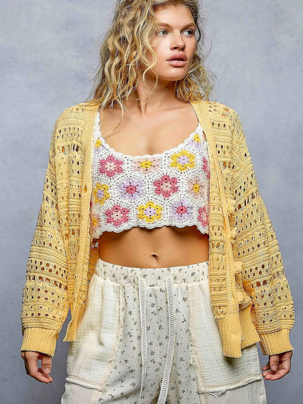 POL Open-Knit Floral Button Cardigan - Rooted & Reckless Co.