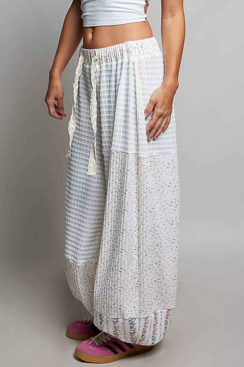 POL Patchwork Mixed Knit Wide Leg Pants - Rooted & Reckless Co.