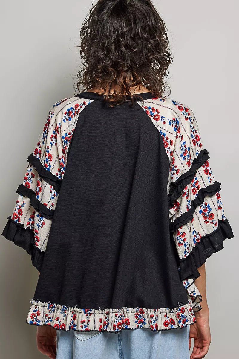 POL Round Neck Half Sleeve Contrast Floral Lace Oversized Knit Top - Rooted & Reckless Co.