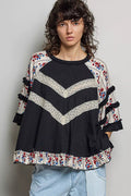 POL Round Neck Half Sleeve Contrast Floral Lace Oversized Knit Top - Rooted & Reckless Co.