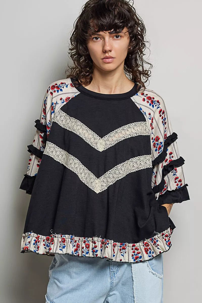 POL Round Neck Half Sleeve Contrast Floral Lace Oversized Knit Top - Rooted & Reckless Co.