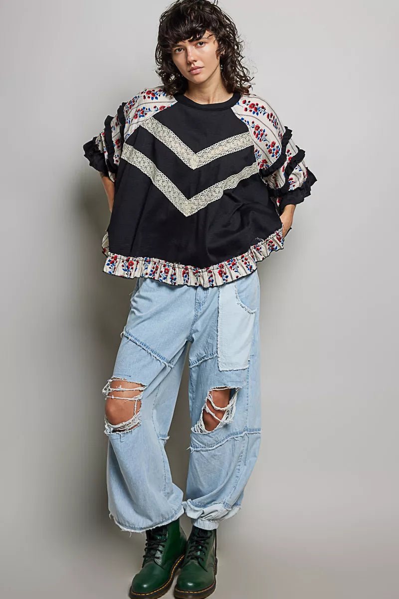POL Round Neck Half Sleeve Contrast Floral Lace Oversized Knit Top - Rooted & Reckless Co.