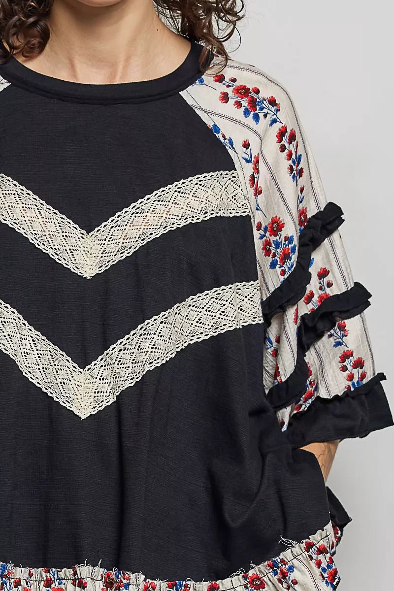 POL Round Neck Half Sleeve Contrast Floral Lace Oversized Knit Top - Rooted & Reckless Co.