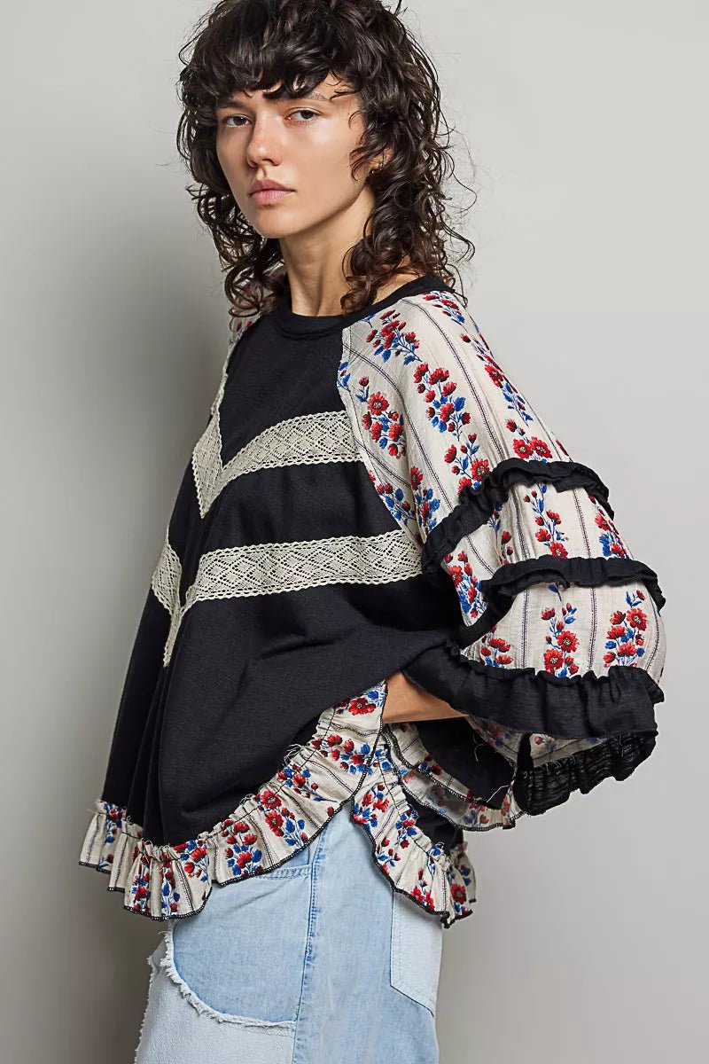 POL Round Neck Half Sleeve Contrast Floral Lace Oversized Knit Top - Rooted & Reckless Co.
