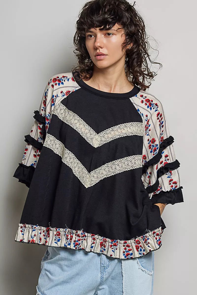 POL Round Neck Half Sleeve Contrast Floral Lace Oversized Knit Top - Rooted & Reckless Co.
