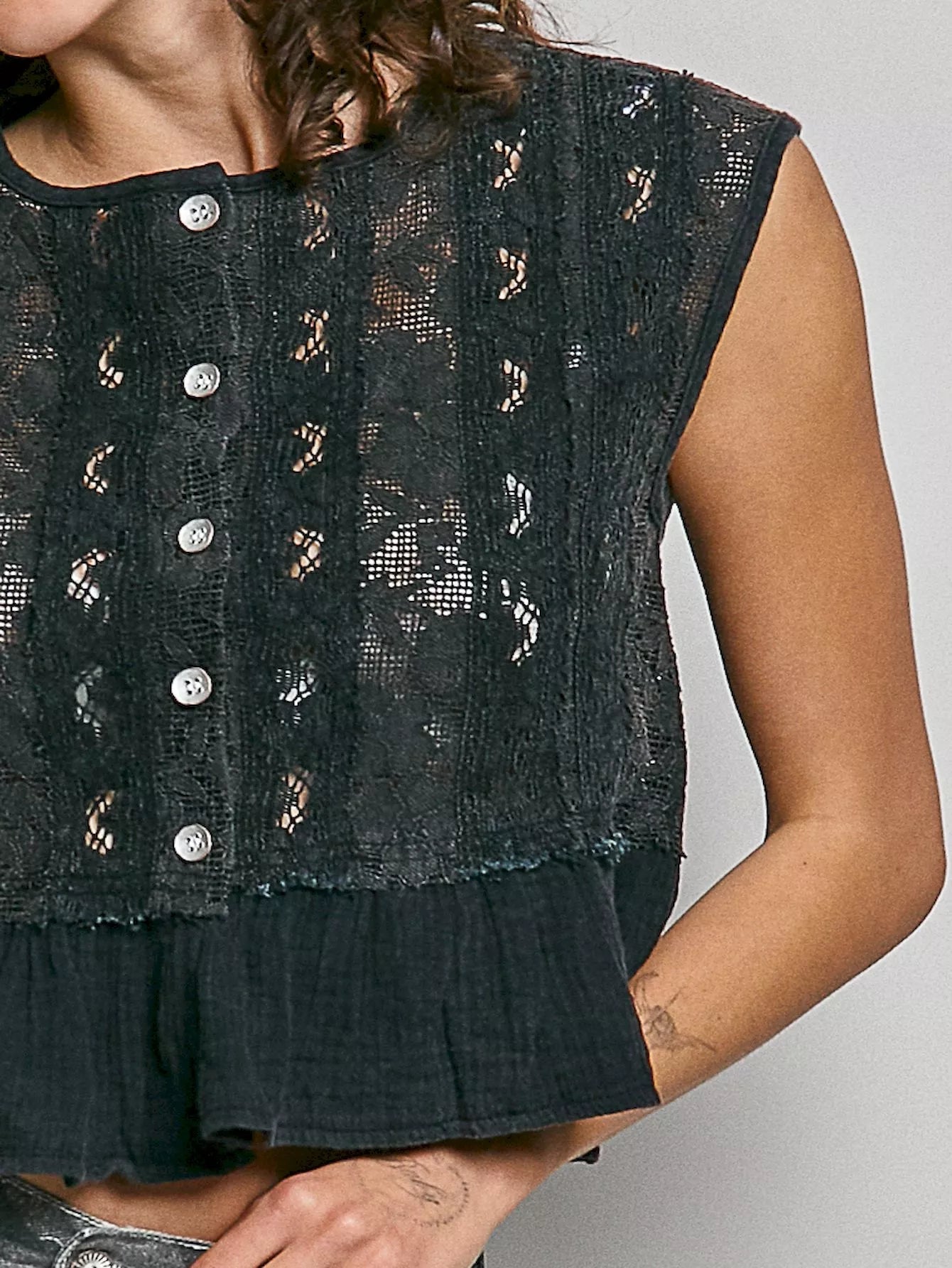 POL Round Neck Lace Sleeveless Top with Double Gauze Ruffle - Rooted & Reckless Co.