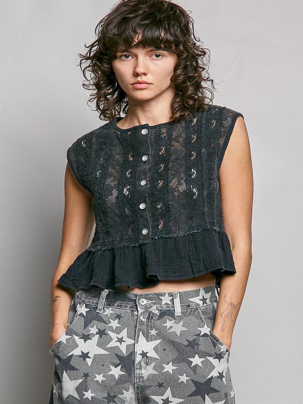 POL Round Neck Lace Sleeveless Top with Double Gauze Ruffle - Rooted & Reckless Co.