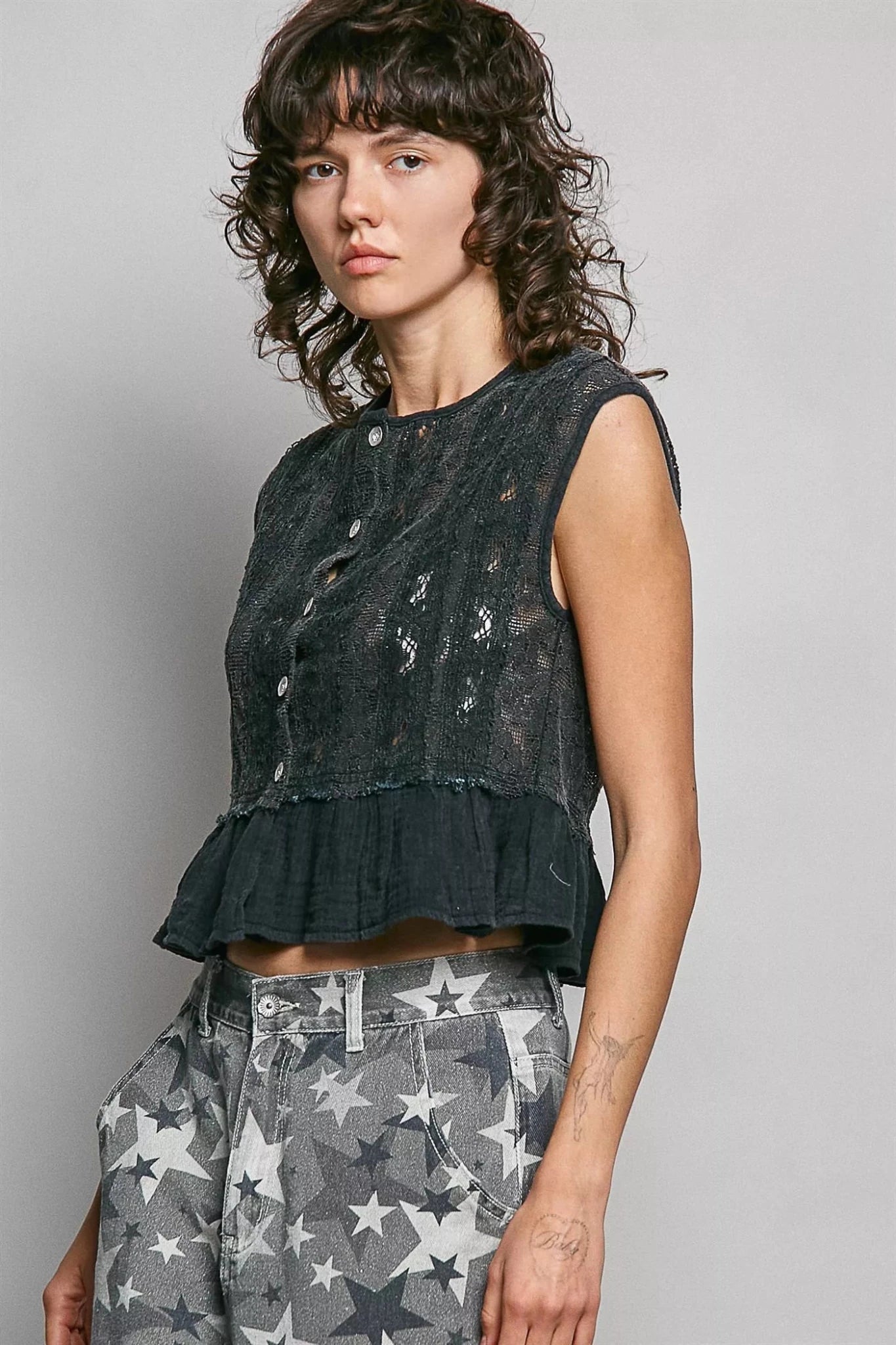 POL Round Neck Lace Sleeveless Top with Double Gauze Ruffle - Rooted & Reckless Co.